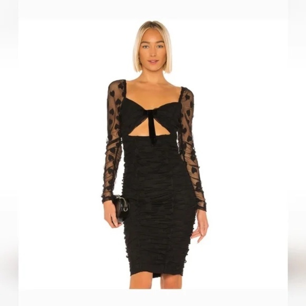 LPA Jezebel Elegant Black Bodycon Dress with Mesh Heart Sleeves, Women’s Medium
